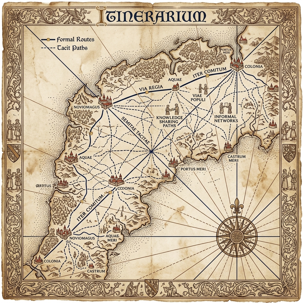 Itinerarium — antique portolan trade-route map of knowledge sharing paths